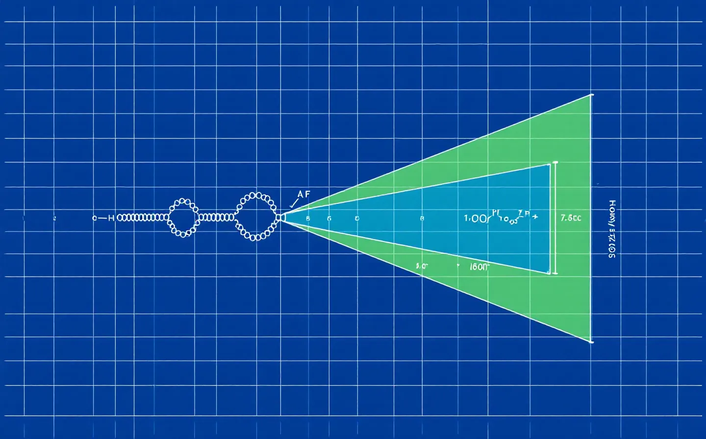 Blueprint exploded-view schematic of a short heptapeptide fragment pulled out of a long parent peptide assembly on a neon-green leader line with tick-capped dimension lines, on a deep blueprint-blue ground